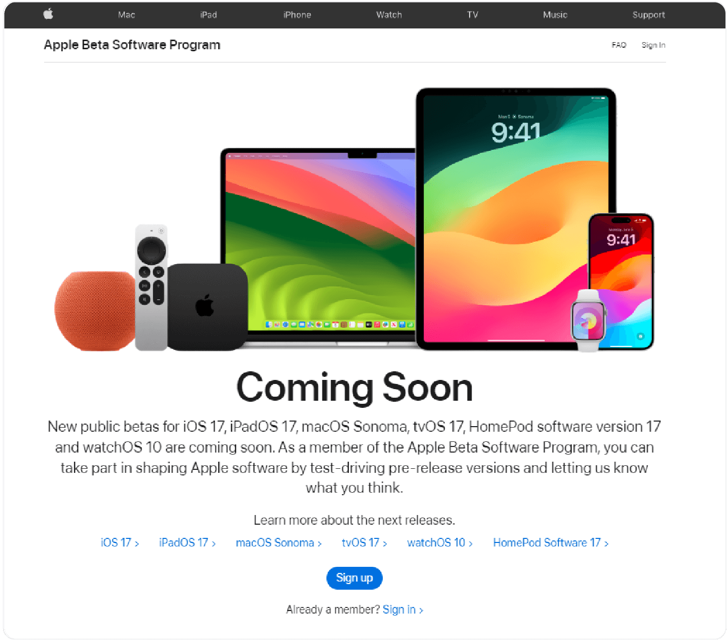 Apple's Beta Software Program homepage featuring details about what betas are available, how to join, and FAQs.
