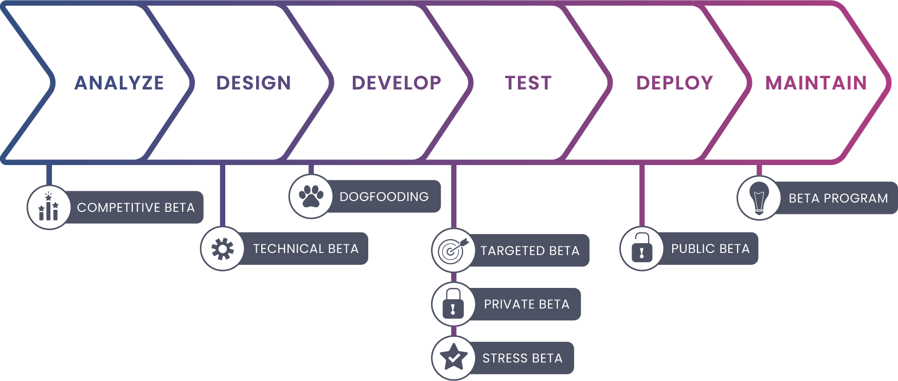 A timeline of the software development lifecycle, which includes from left to right: Analyze, Design, Develop, Test, Deploy, and Maintain. Private Betas typically happen during the Test phase while Public Betas typically happen during the Deploy phase.