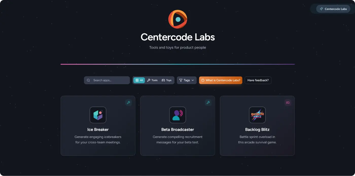 Screenshot of the Centercode Labs homepage showing three featured apps: Ice Breaker, Beta Broadcaster, and Backlog Blitz. The page includes a dark background with a search bar, category filters, and buttons labeled ‘What is Centercode Labs?’ and ‘Have feedback?’.