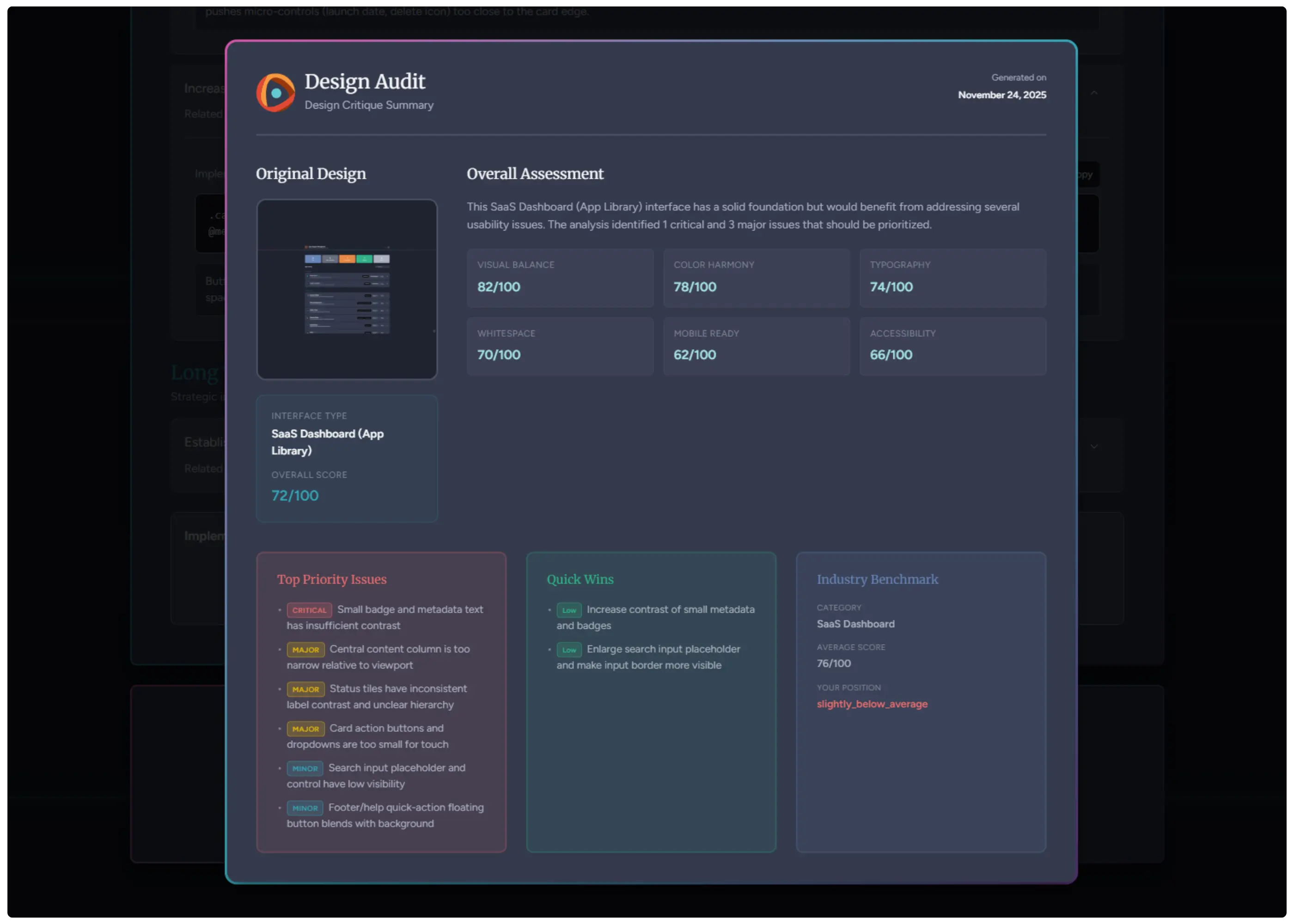 Design Audit report summary showing the original design, category scores, top issues, quick wins, and benchmark comparison generated by the design feedback tool.