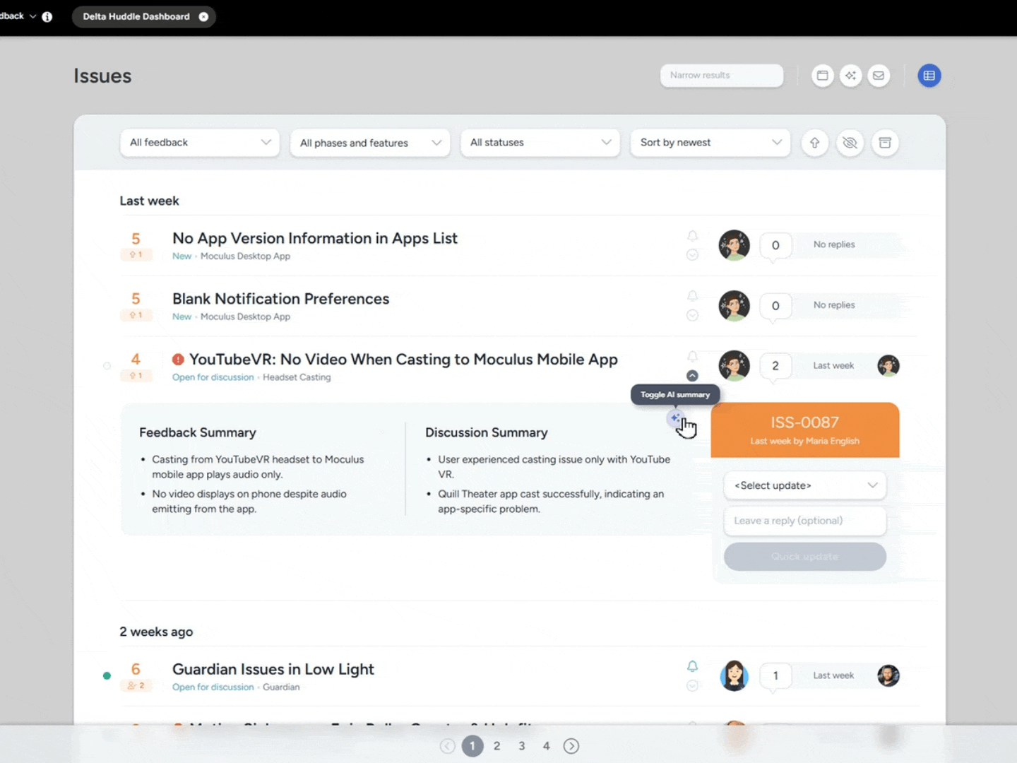 A user toggles an AI-generated summary on an issue to reveal a concise feedback and discussion summary within the dashboard.