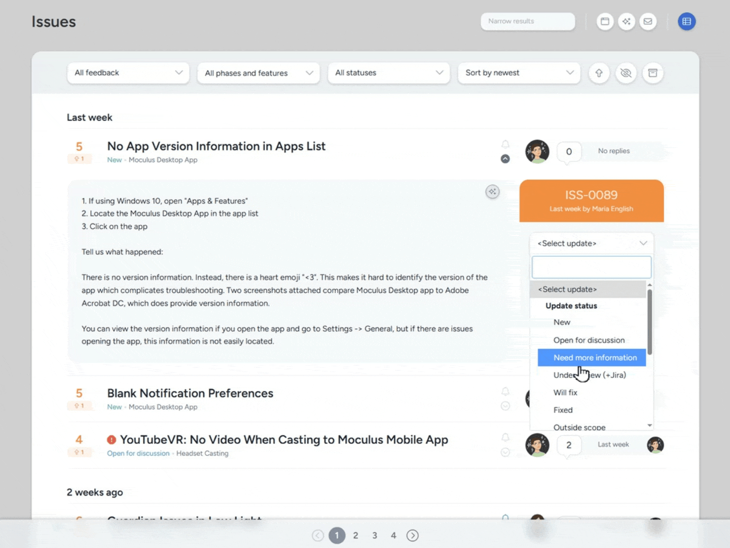 A user updates an issue’s status from a dropdown menu in an issue tracking dashboard, highlighting options like “Need more information” and “Fixed.”