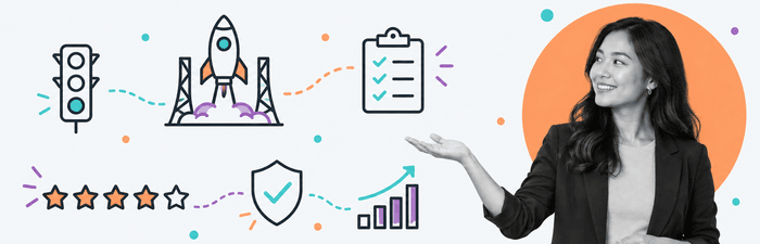 Illustration of a product manager presenting launch-readiness icons, including a traffic light, rocket, checklist, star rating, shield, and rising bar chart.