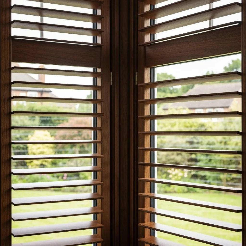 Close-up of plantation shutters in a bay window, highlighting adjustable louvers and elegant wood finish