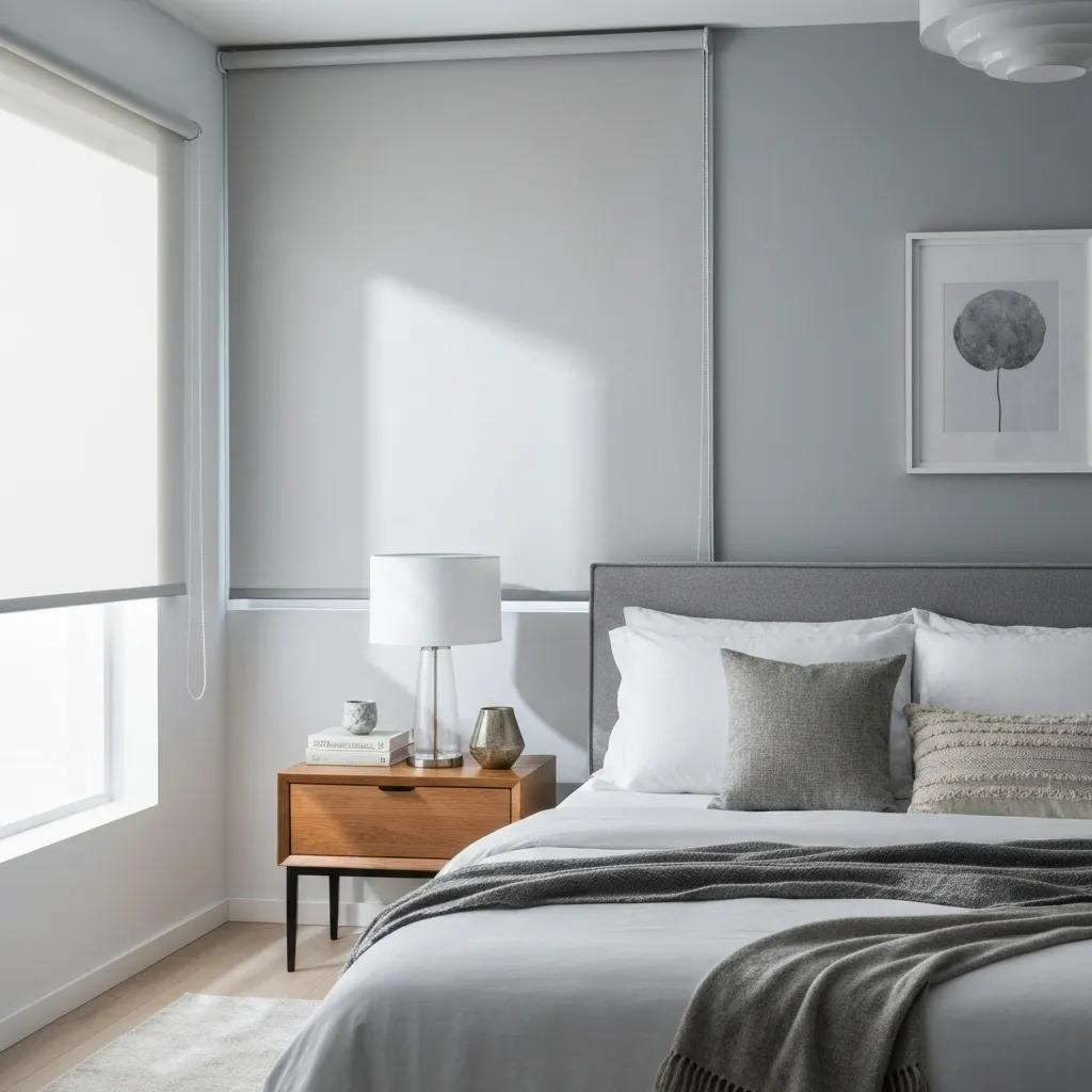 Modern bedroom featuring roller blinds, showcasing soft light filtering in and stylish decor