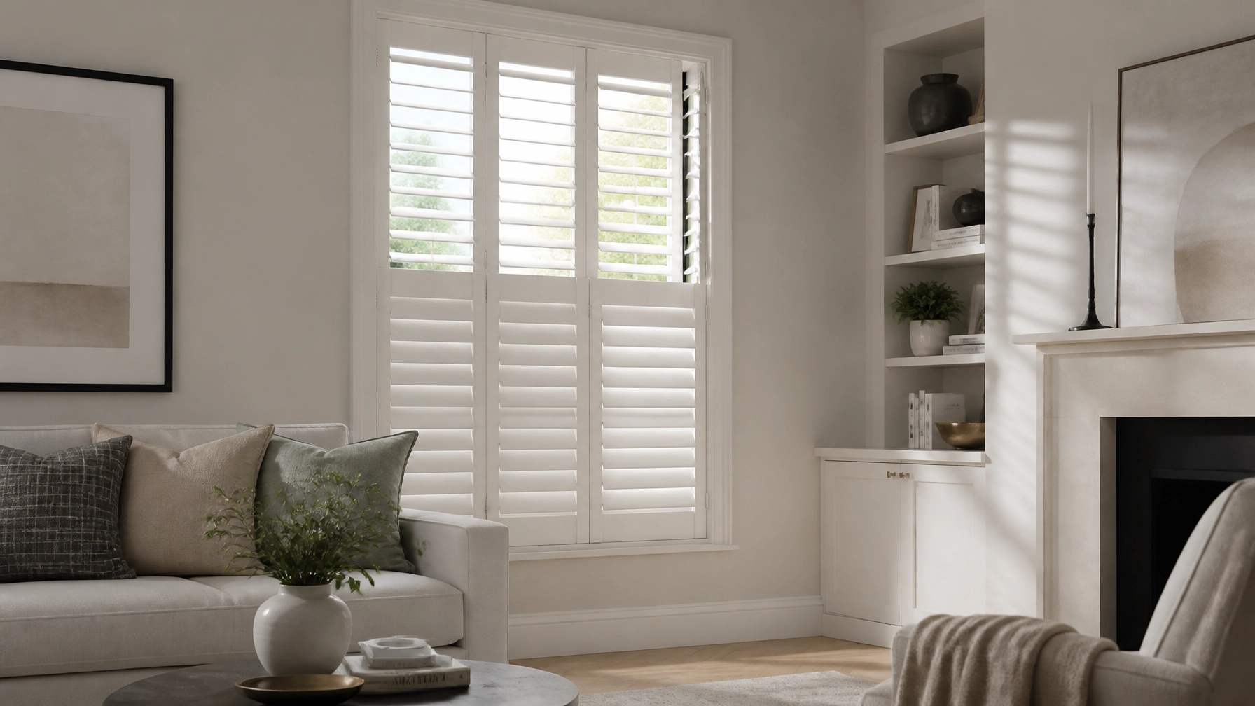 White plantation tier-on-tier shutters with the lower tier closed for privacy and the upper tier open to daylight in a bright interior