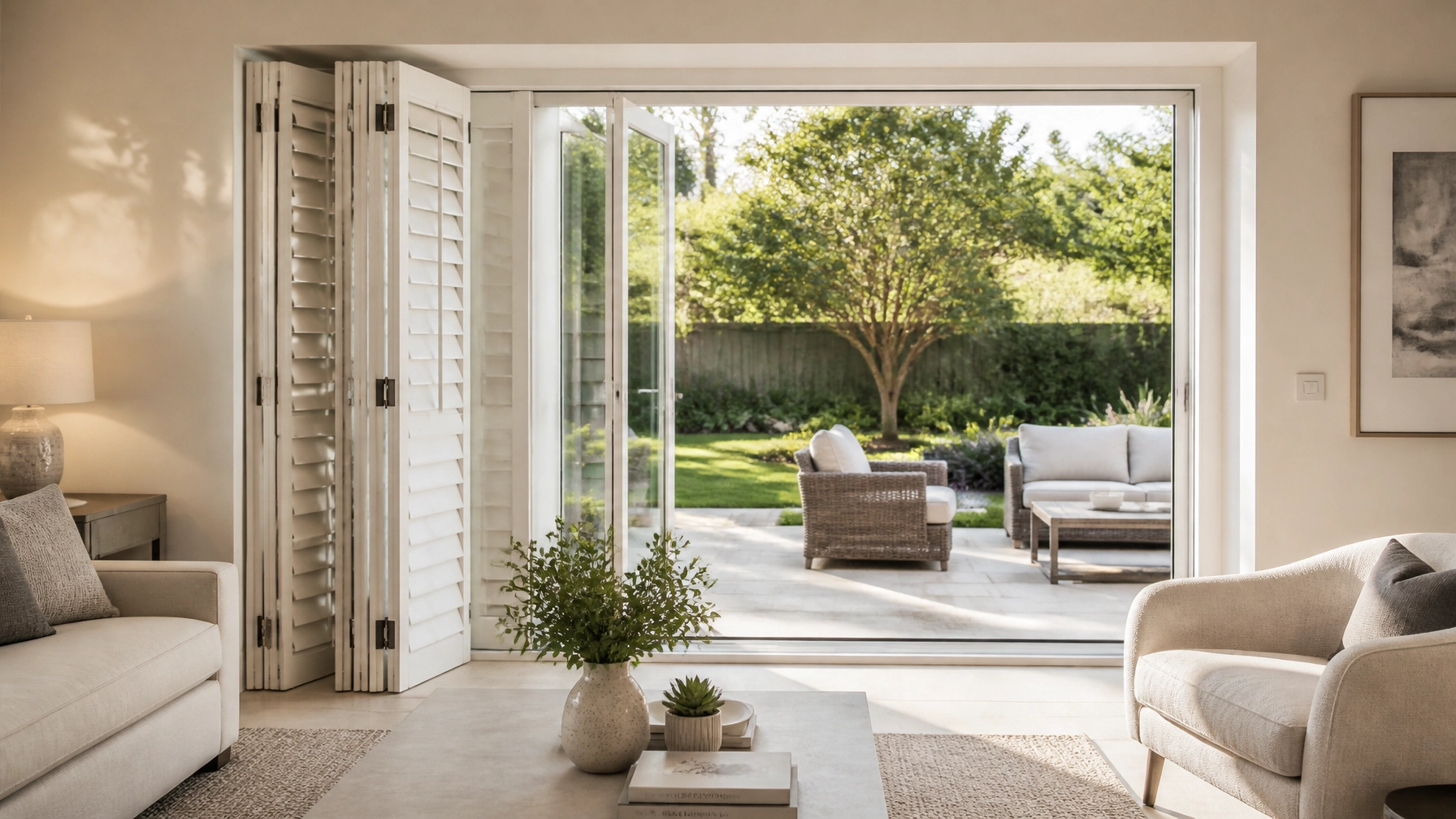 White plantation bi-fold shutters folded and stacked back to the side of a wide glazed opening with soft natural daylight