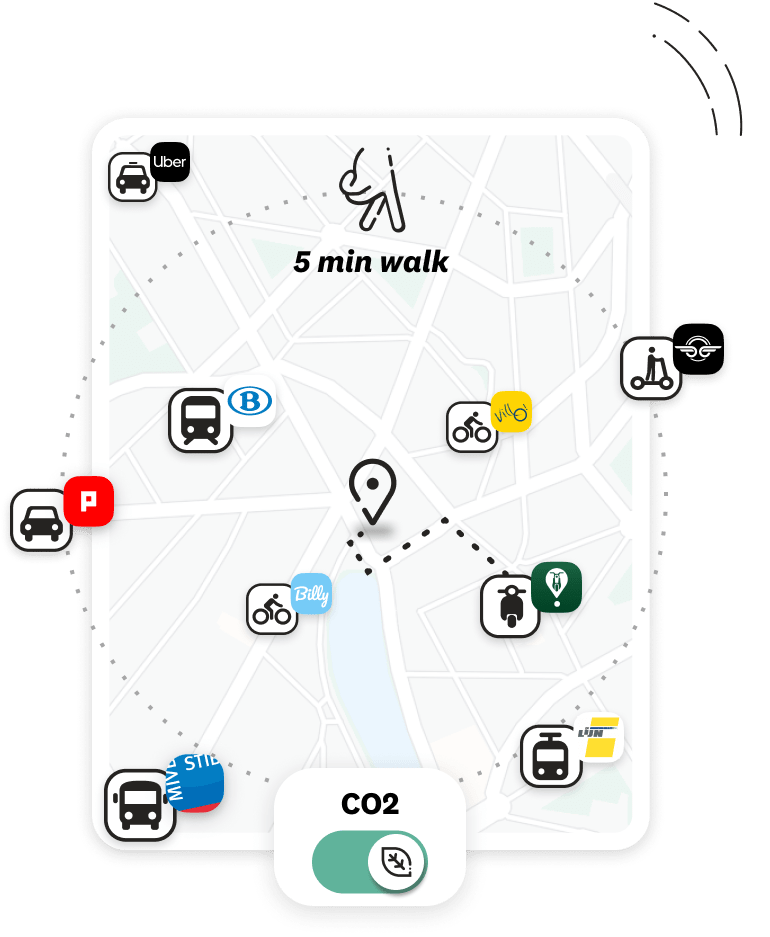 A map of the Skipr partners available near me showing different mobility alternatives to the car.