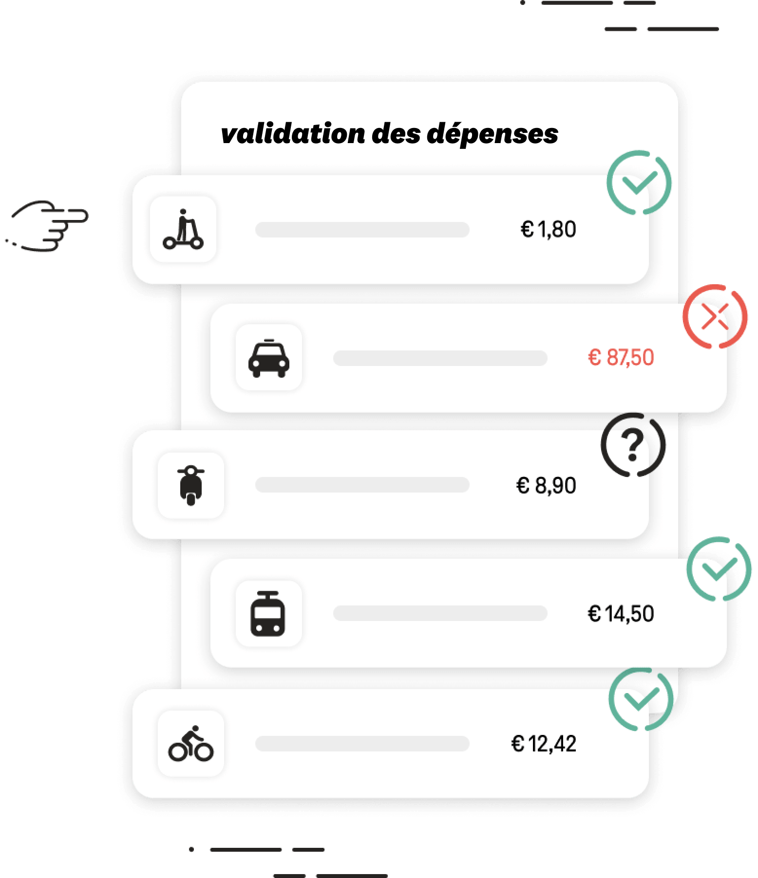 A list of mobility expenses that have been validated or not by the fleet manager.