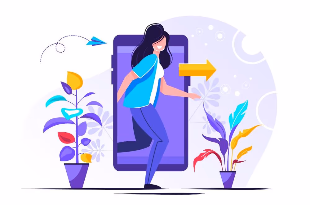 Animated phone with lady and an arrow pointing right