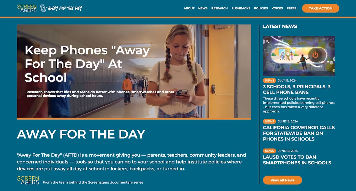 The homepage of the away for the day website showing a picture of a girl using her smartphone in the school hallway.