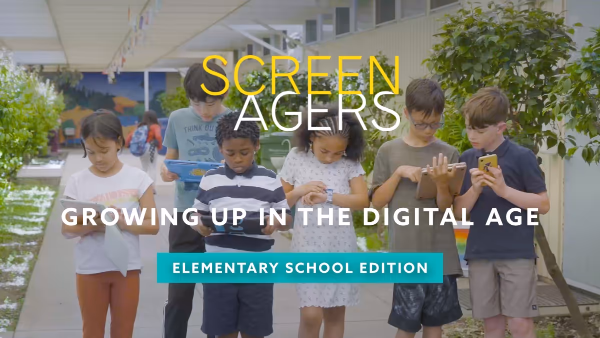 Screenagers Elementary School Edition Poster, showing 6 diverse elementary age boys and girls all using devices. 