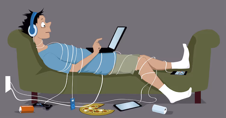 Animated image of boy with laptop tangled in wires