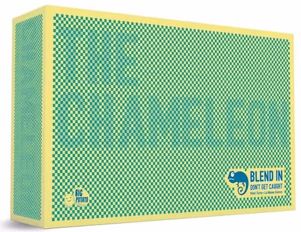 the chameleon board game box. yellow and green camoflage design where the name of the game is large but blended into the camoflage.