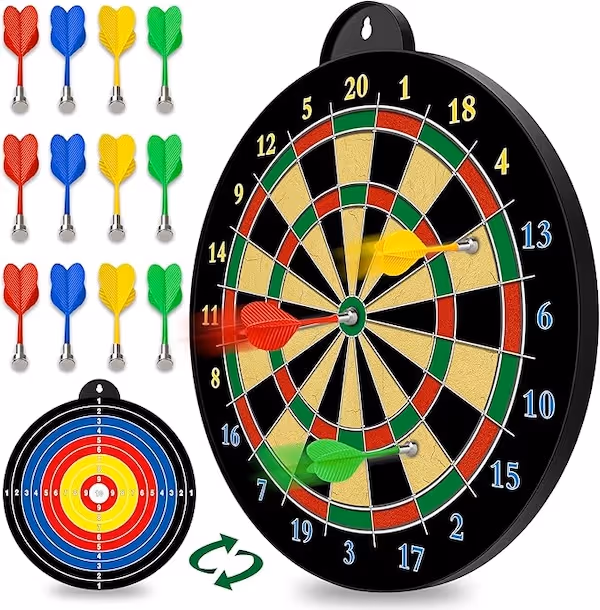 dartboard with red and yellow magenetic darts stuck to it.