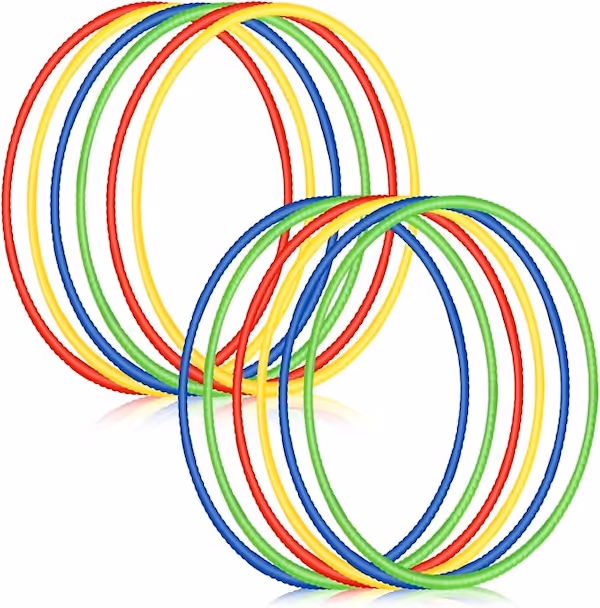 10 multicolored hula hoops.