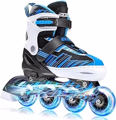 one blue, black and white rollerblade with 4 wheels.