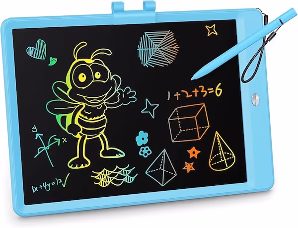 blue led tablet device with black screen and yellow happy bumble bee hand drawn on it.