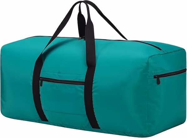 green duffel bag with black handles and black zip.