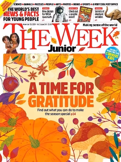 Front cover of The Week Junior, with hand drawn autumn leaves and a pumpkin with the caption "A Time For Gratitude"