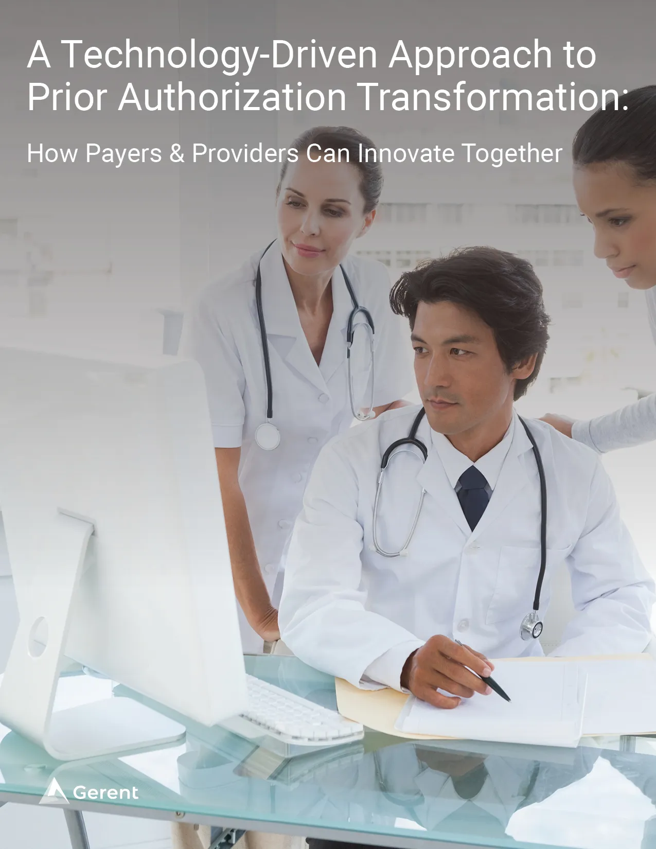 three medical professionals are looking at a computer screen, and two are wearing a stethoscope 