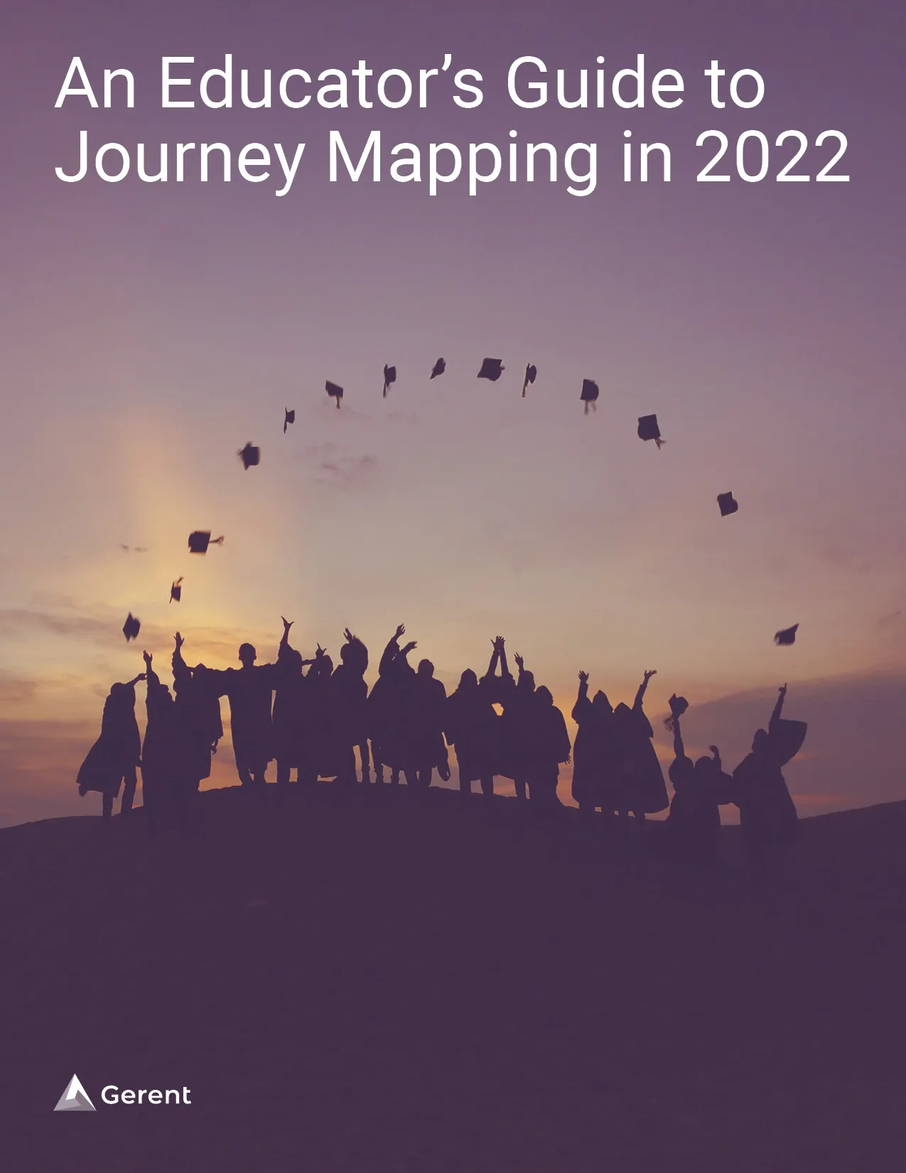 a purple silhouette of students on a hill throwing their graduation caps into the air