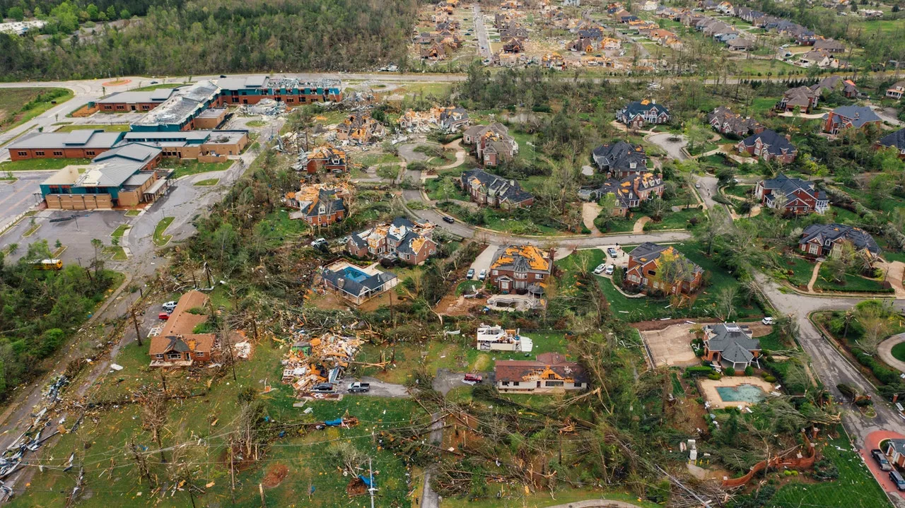 Aerial view of a village destroyed by storm damage