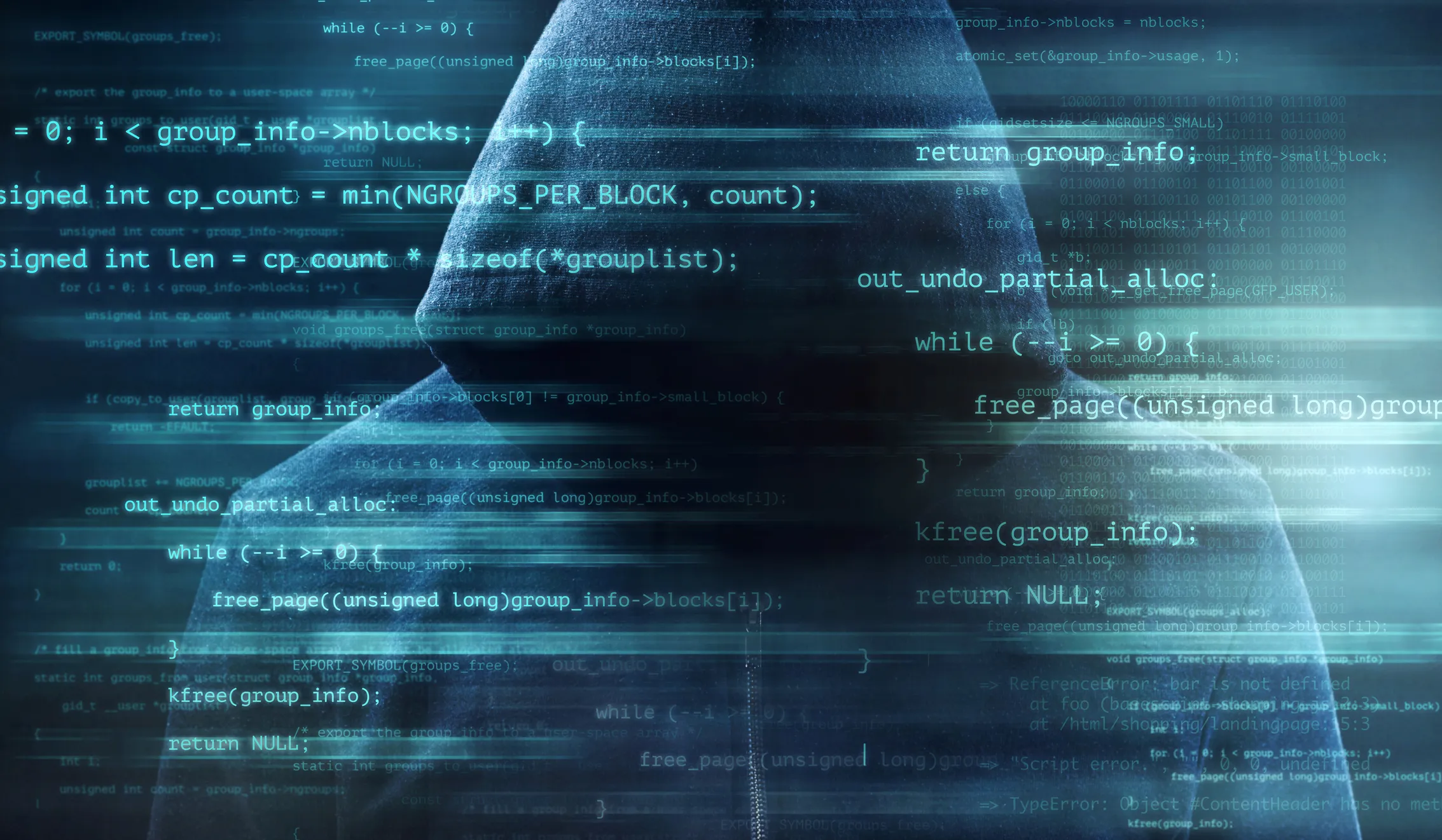 a black screen with blue fog and code, and an outline of a person wearing a hood with their face covered behind the code.