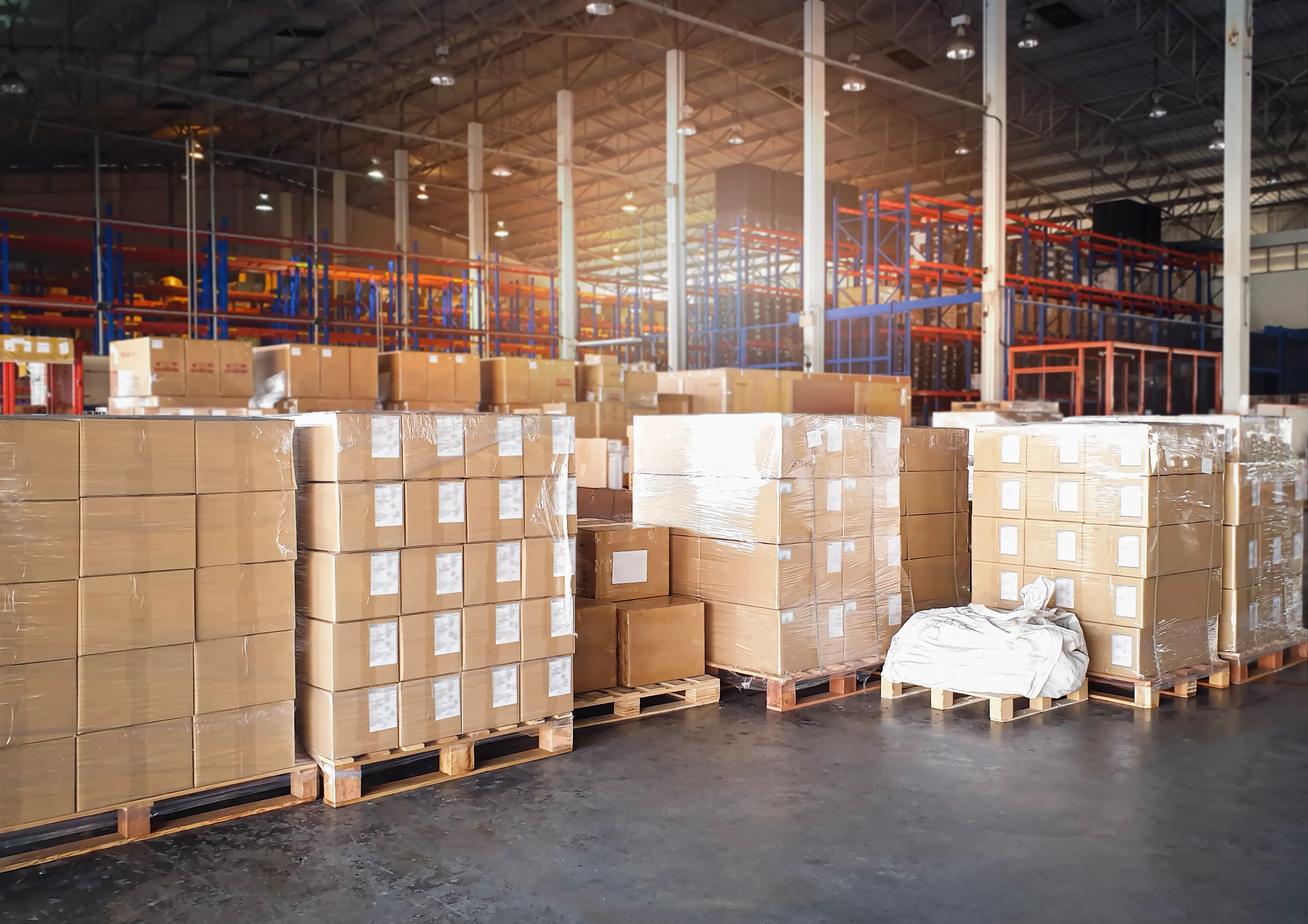 Warehouse full of shipping boxes on pallets