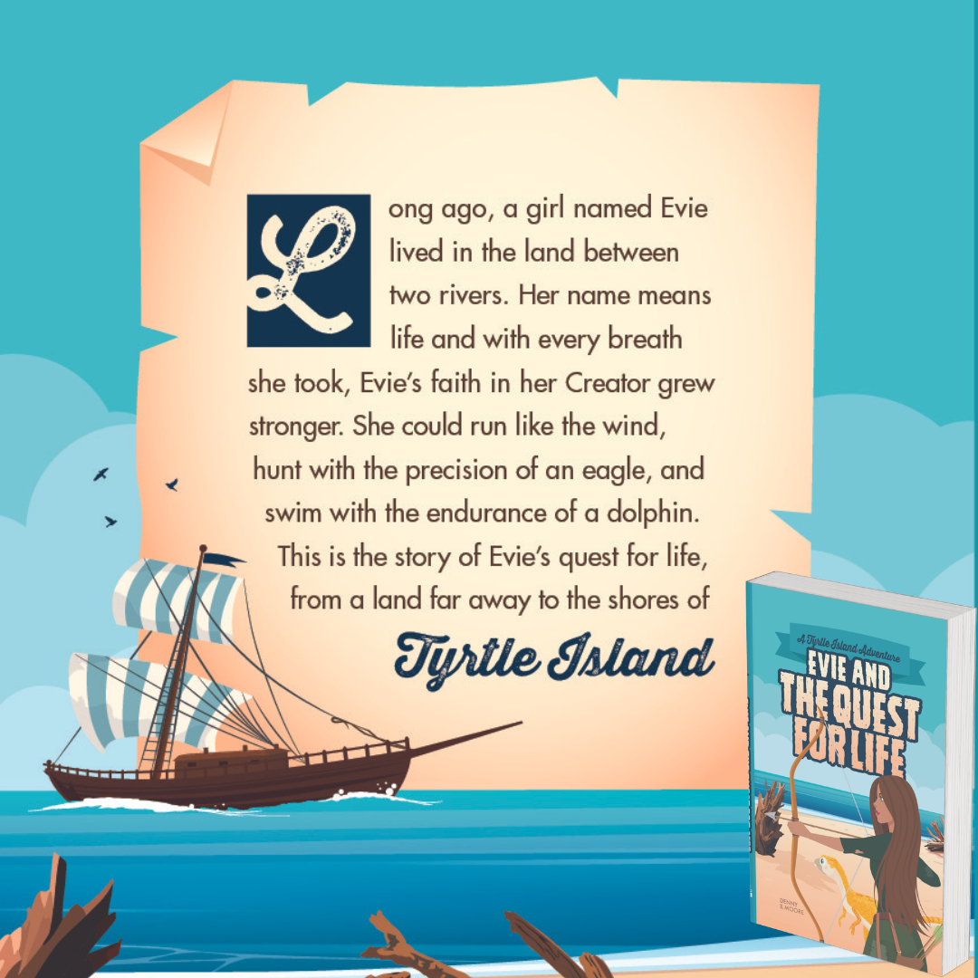 Illustrated story description and book cover for Evie and The Quest for Life