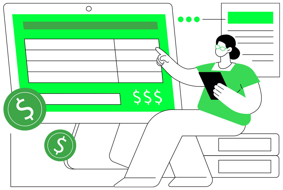 Illustration of a woman with a suitcase pointing at a flying airplane, next to a piggy bank, a plane ticket, and dollar coins symbolizing travel savings.