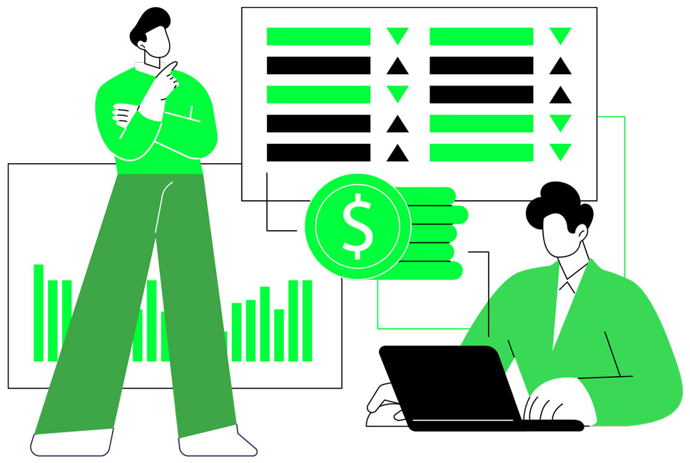 Illustration of a woman with a suitcase pointing at a flying airplane, next to a piggy bank, a plane ticket, and dollar coins symbolizing travel savings.
