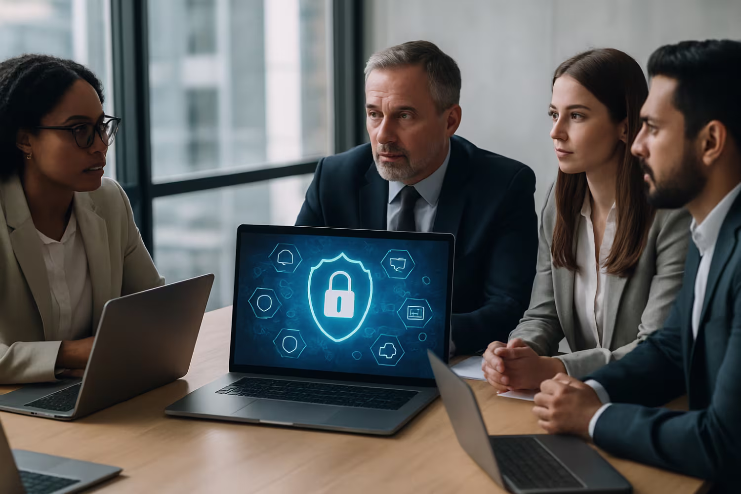 Diverse team discussing business cybersecurity risks