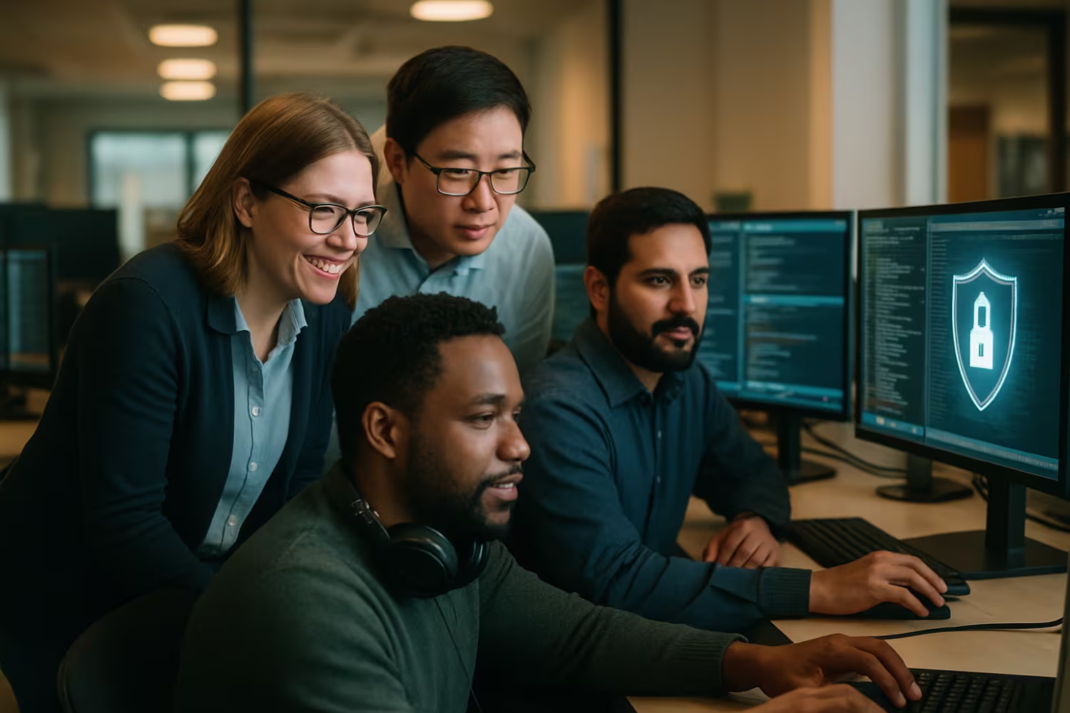 Diverse cybersecurity team analyzing data
