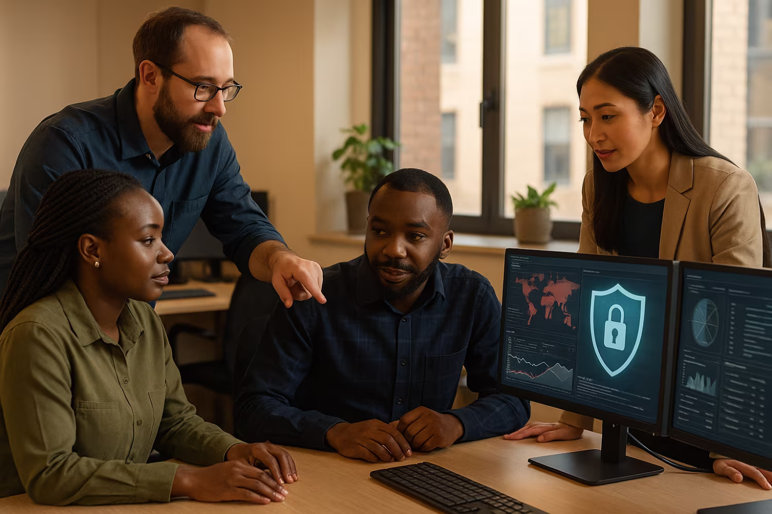 Diverse team analyzing cybersecurity analytics