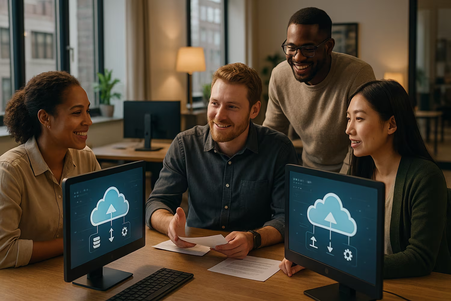 Diverse professionals using cloud computing software
