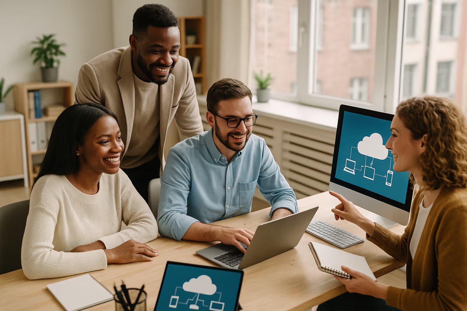 Diverse team using cloud computing platforms