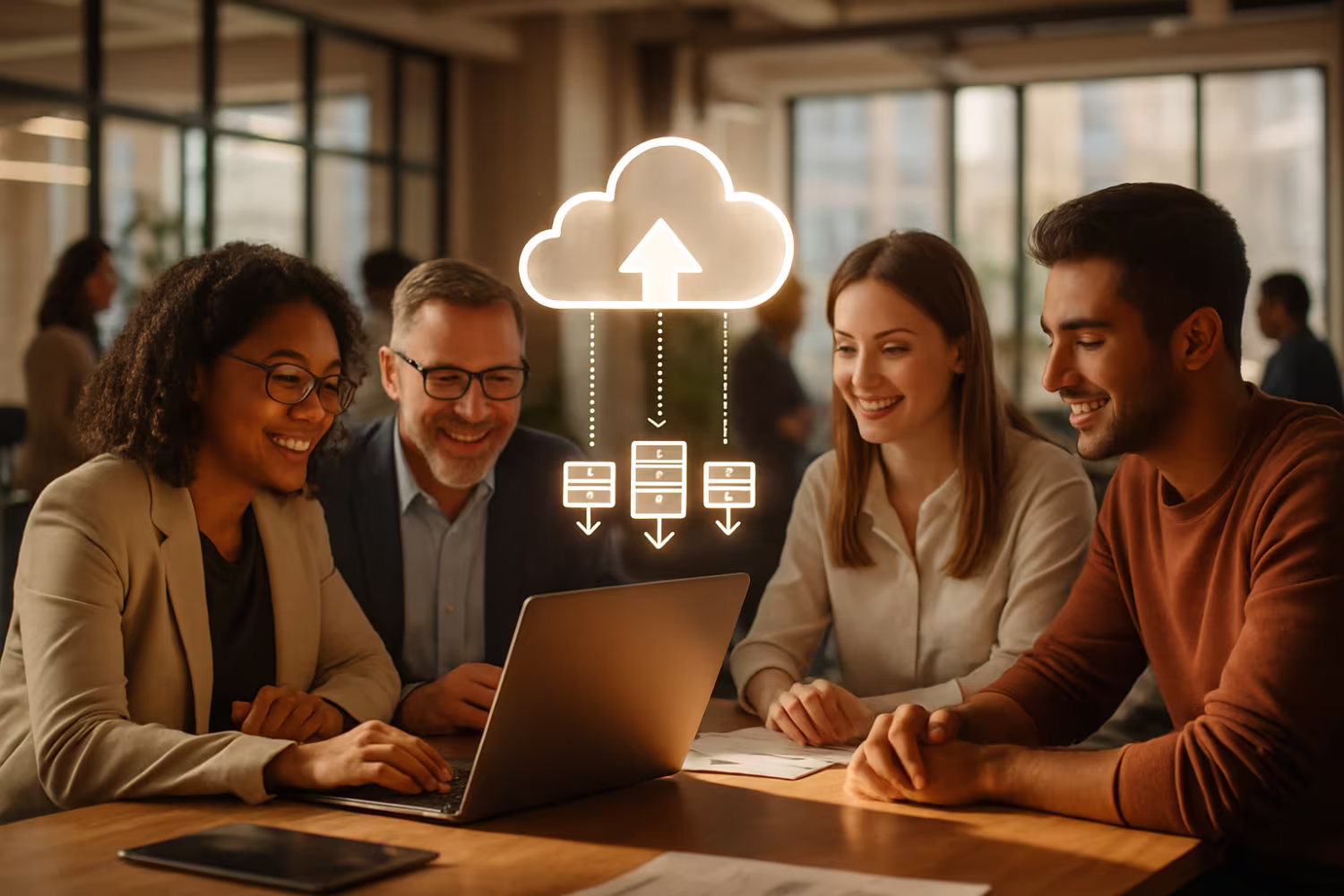 Professionals discussing data migration in sunlit office