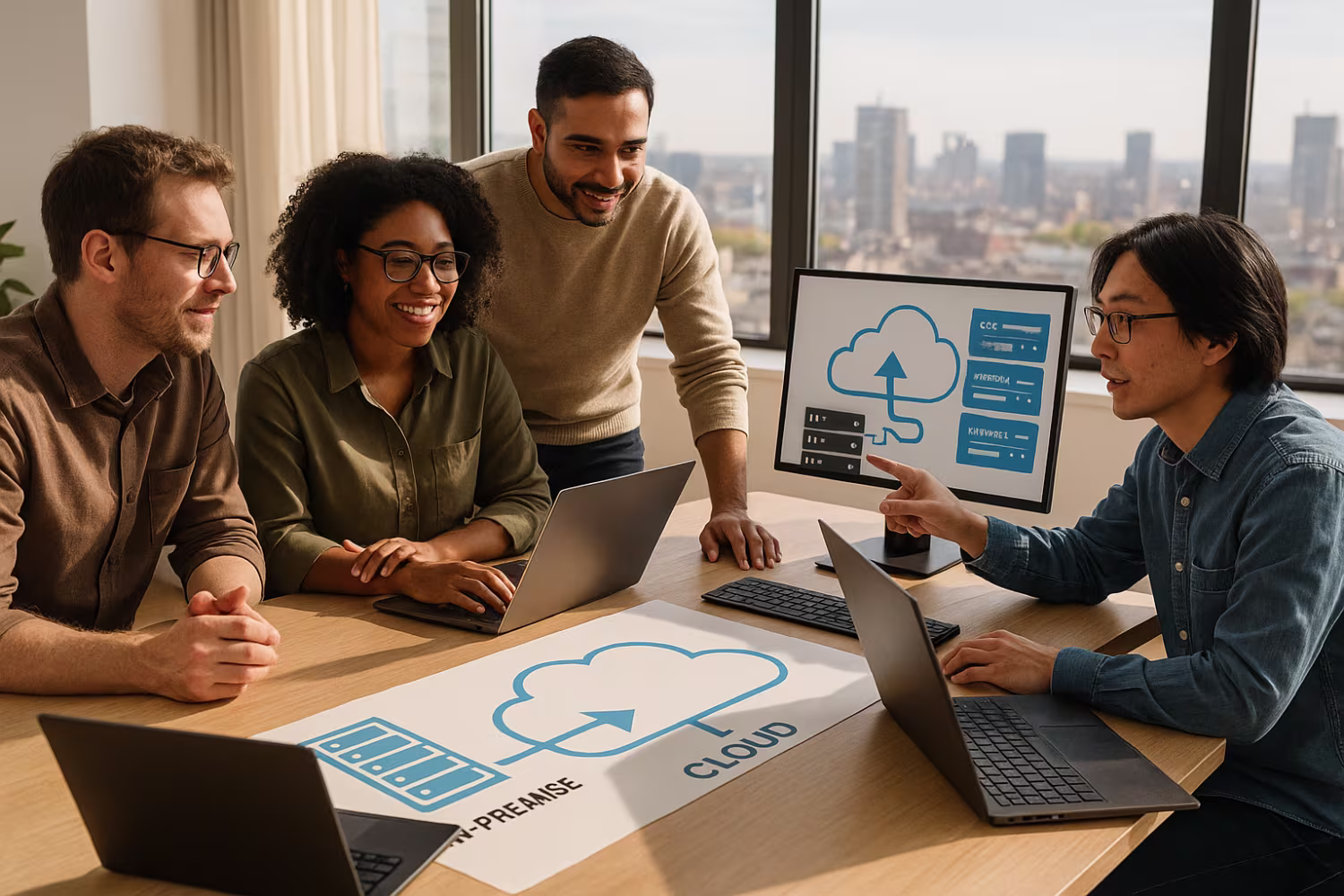 Diverse IT team discussing data migration from on premise to cloud