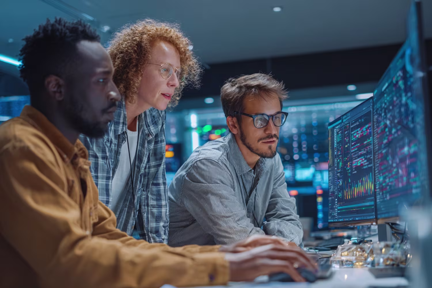 Diverse team analyzing cybersecurity analytics