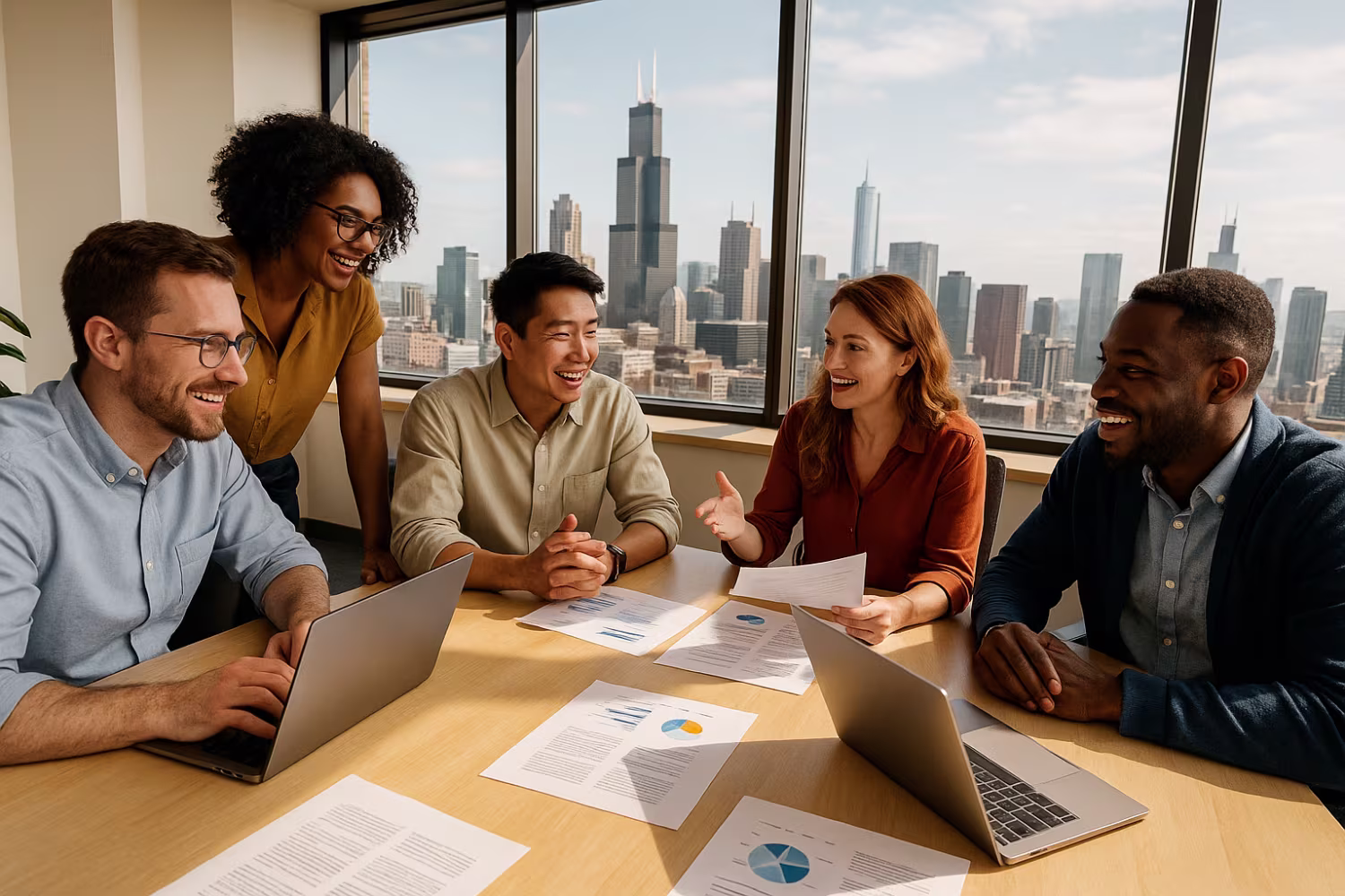 Diverse team discussing managed IT solutions in Chicago office