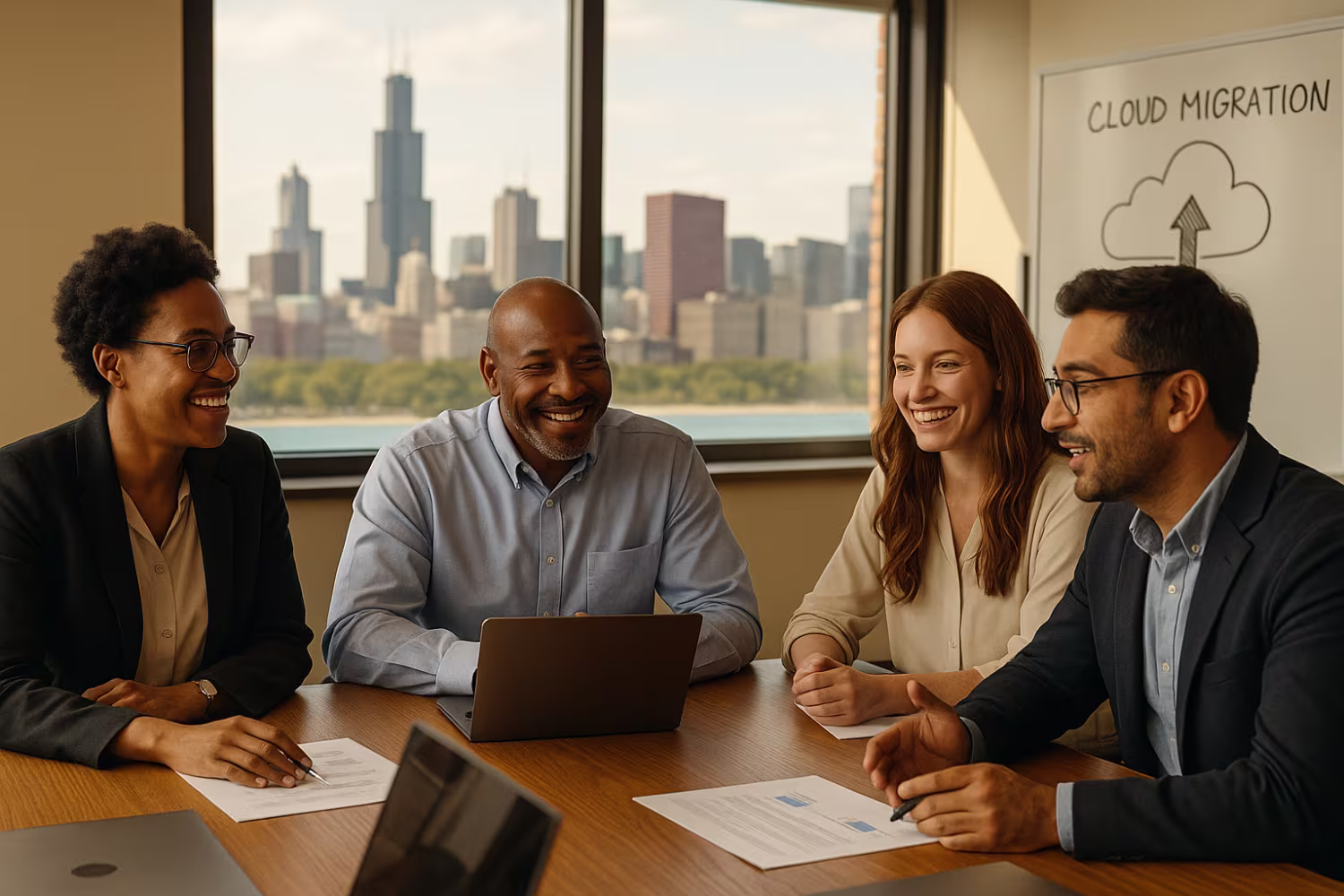 Diverse team discussing cloud migration strategy