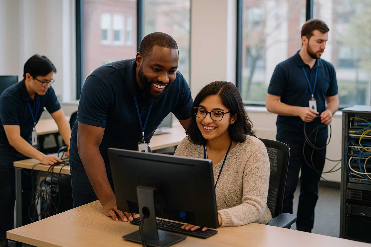 Diverse onsite IT support team assisting