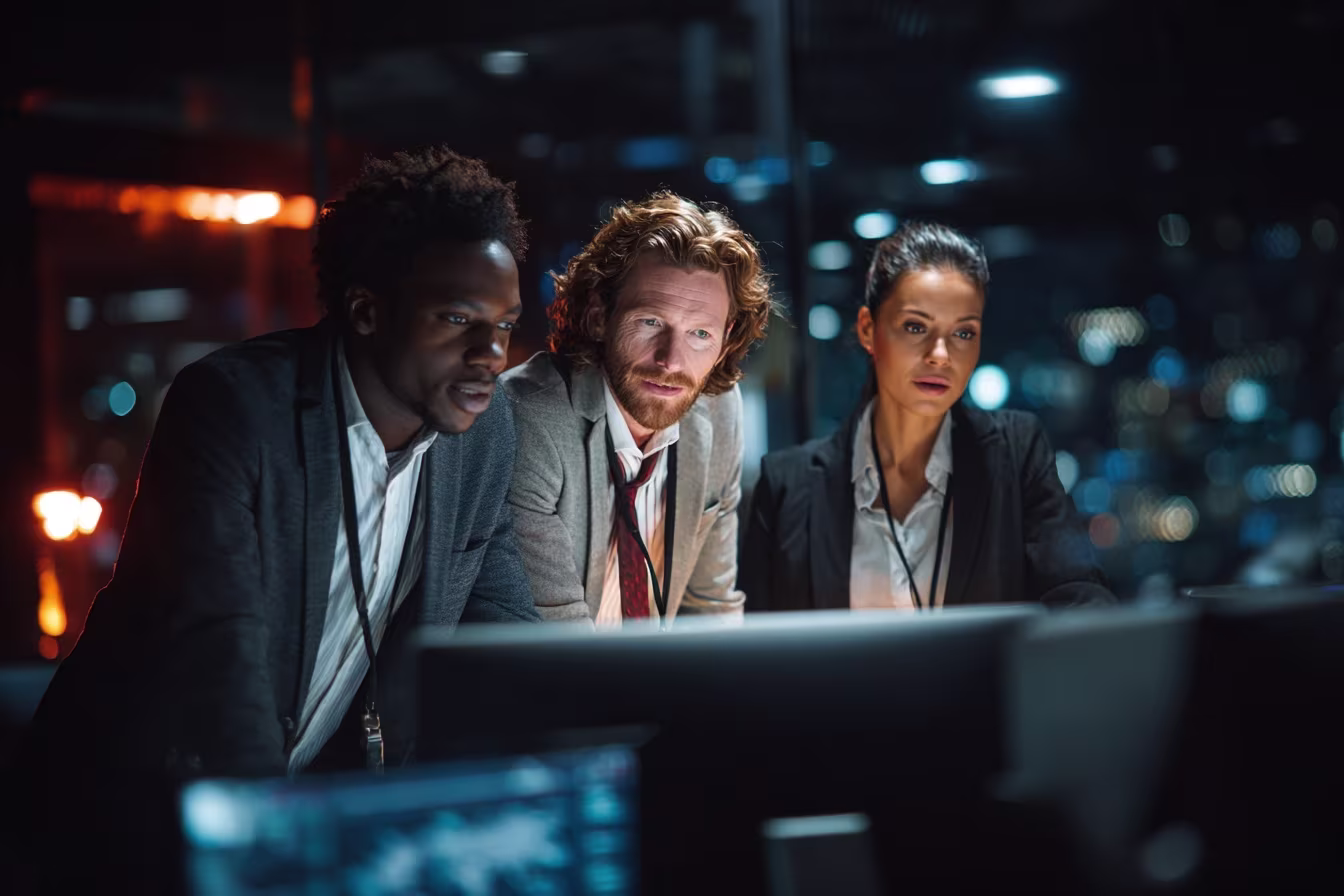 Diverse professionals discussing business cyber security