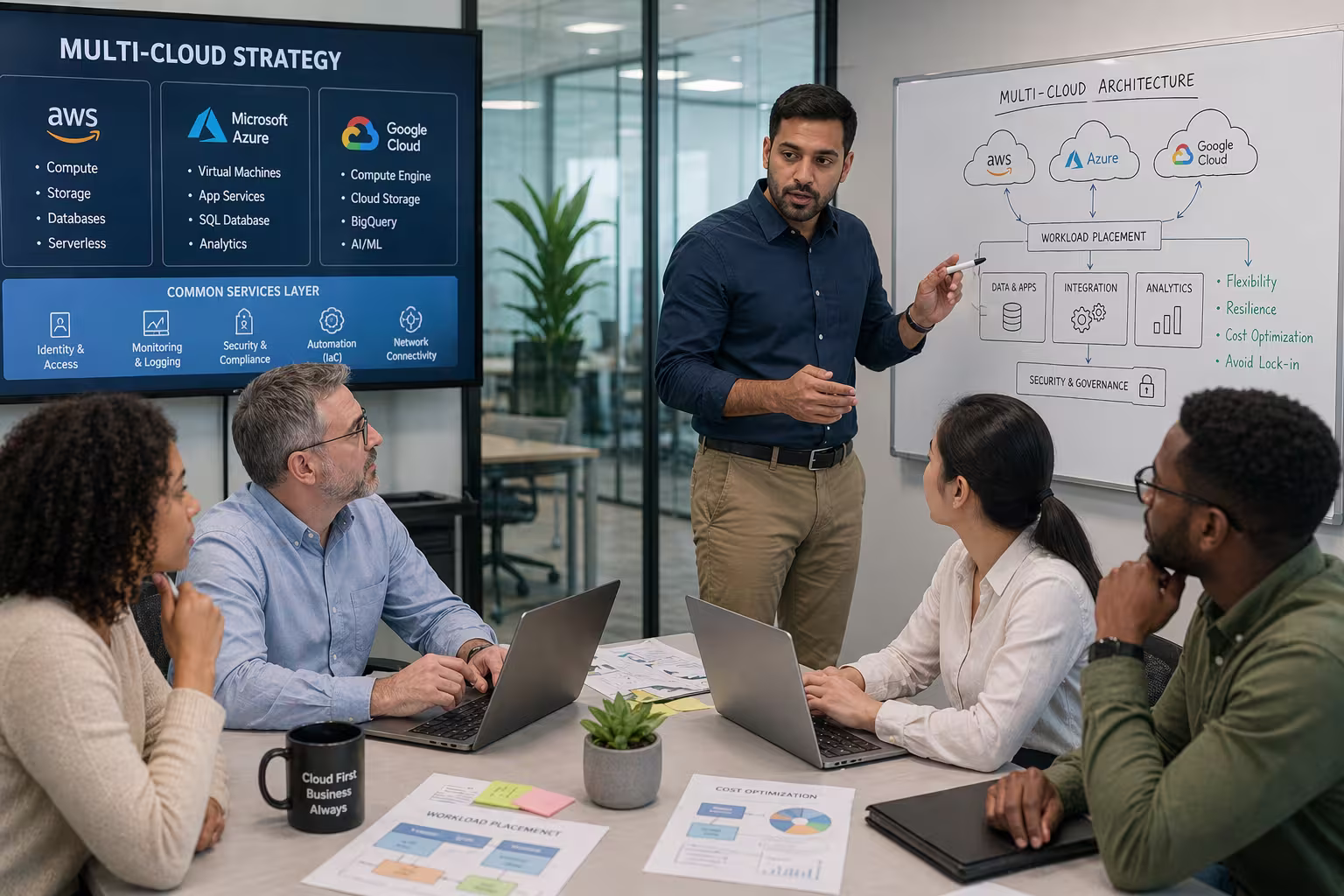 Diverse team discussing multi-cloud strategy