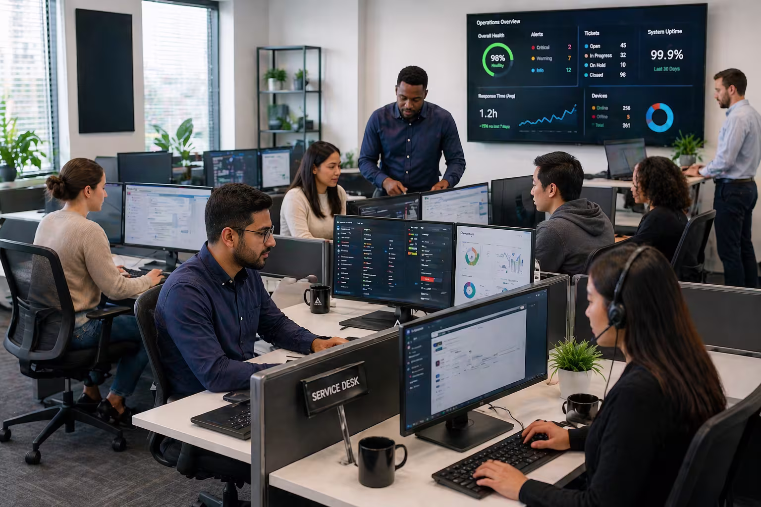 Diverse IT outsourcing company workspace