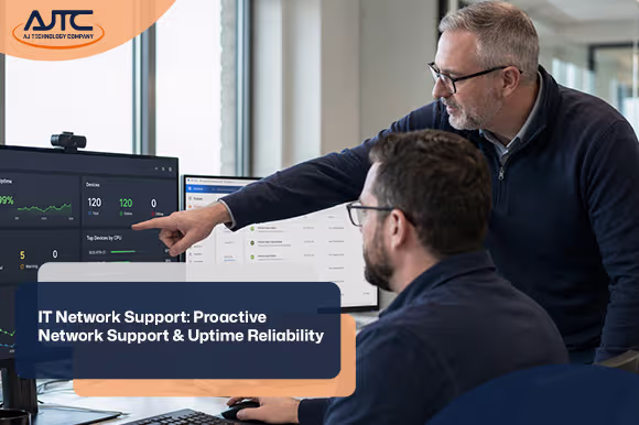 Two IT professionals reviewing network monitoring dashboard with uptime metrics and device stats on dual monitors
