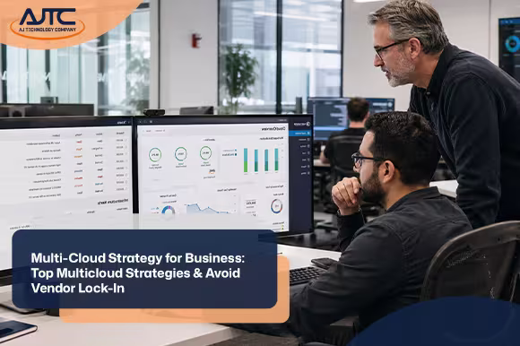 Two IT professionals reviewing multi-cloud strategy dashboards on monitors in a modern managed services office