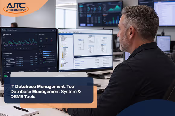 IT database administrator monitoring DBMS performance dashboards on dual monitors in a managed IT operations center