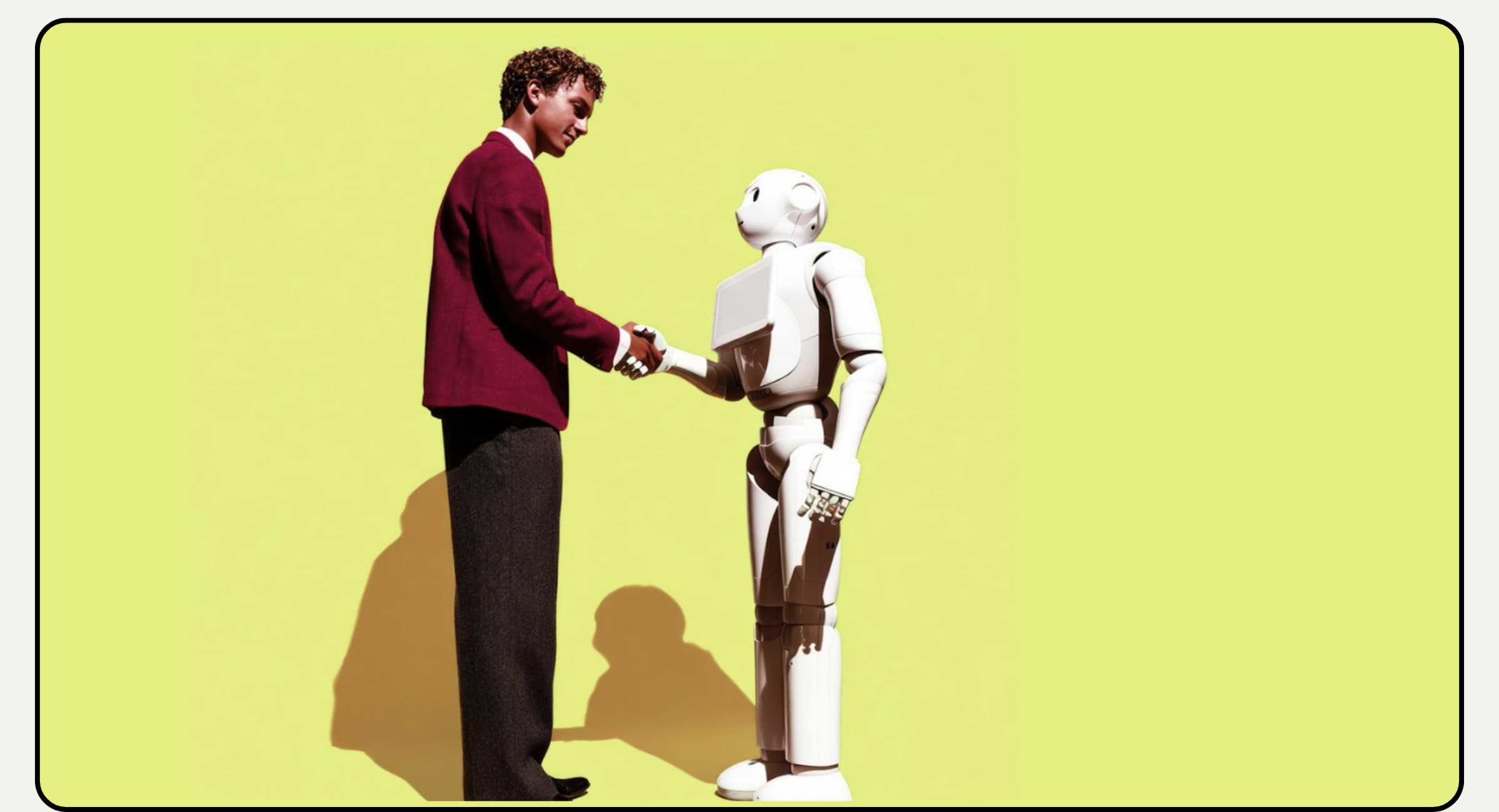 A man in a red blazer shaking hands with a humanoid robot on a yellow background – symbolizing AI and human collaboration in business.